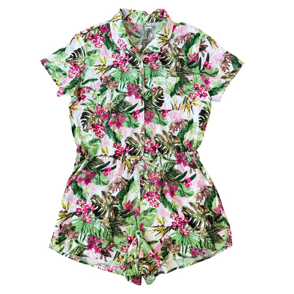Victoria's Secret Floral Romper Women's Collared Short Sleeve Button Tropical‎ S